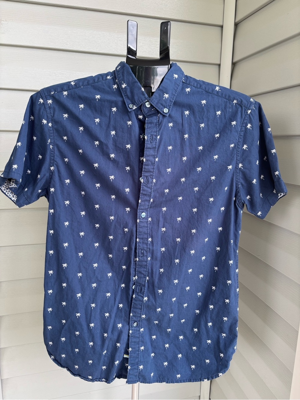 Denim & Flower Ricky Singh Men’s Small Blue Palm Tree‎ Print Short Sleeve